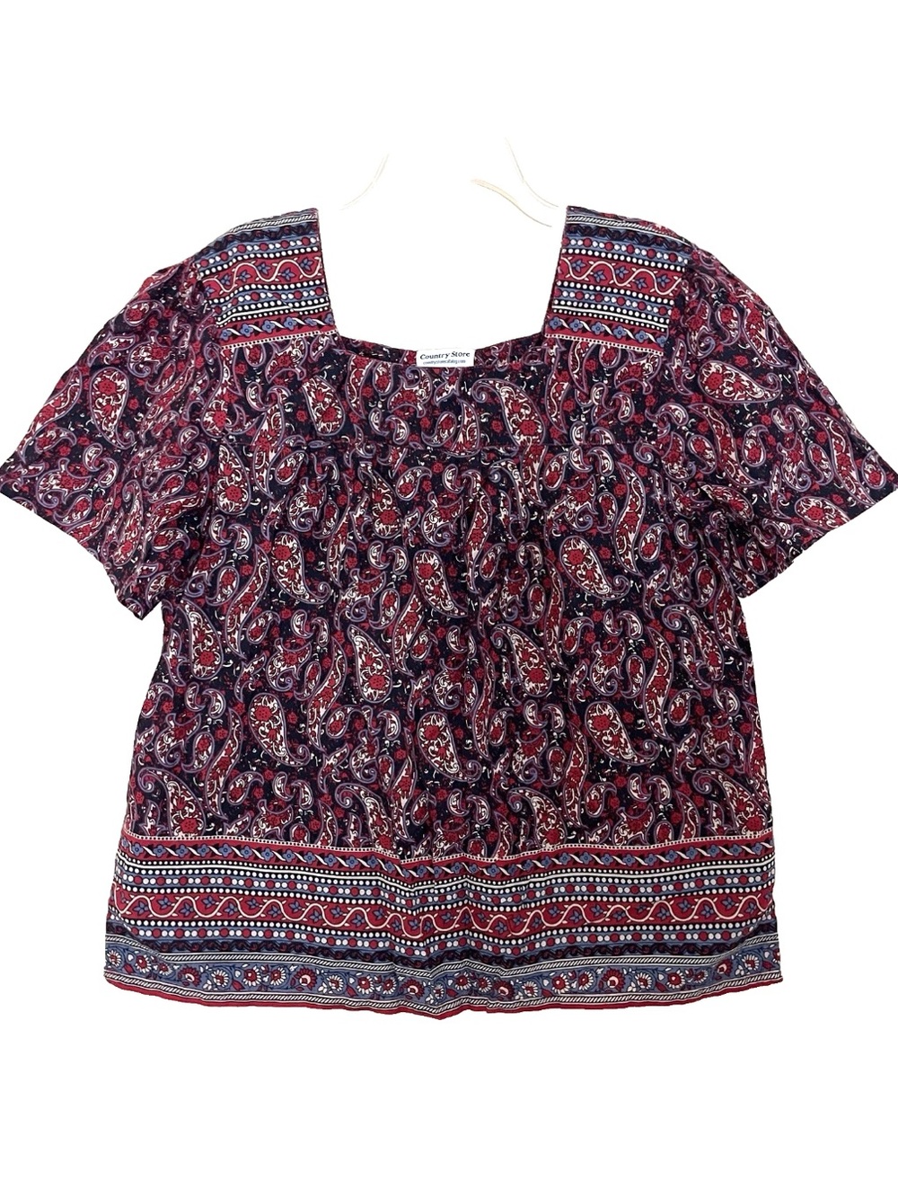 Country Store Shirt Top Large Paisley Relaxed Boho Square Neck Short Sleeves VTG